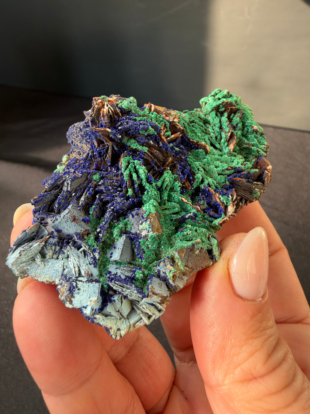 Azurite, Malachite & Secondary Copper Minerals on Fluorite & Barite, Sidi Ayed, Morocco