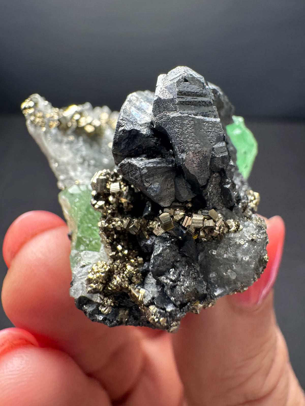 Fluorite with Geocronite-Jordanite, Pyrite & Quartz, Milpo Mine, Peru