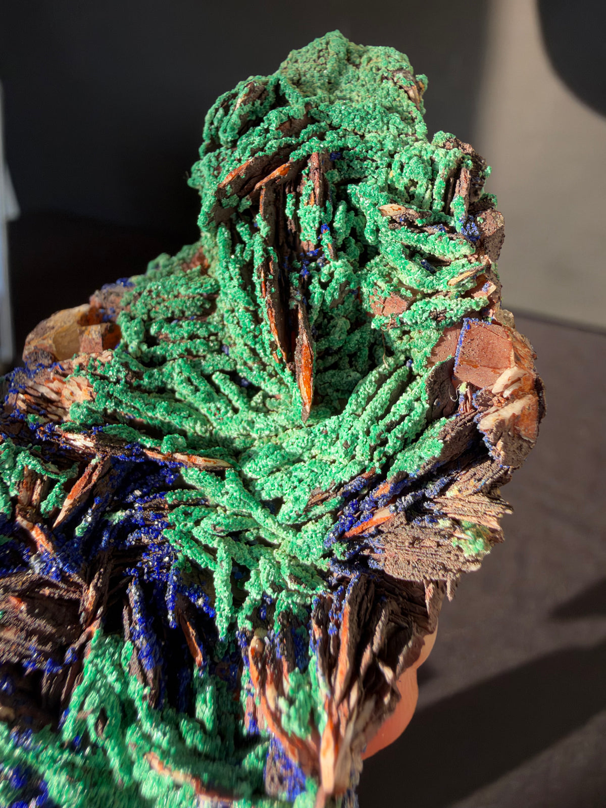 Azurite, Malachite & Secondary Copper Minerals on Fluorite & Barite, Sidi Ayed, Morocco