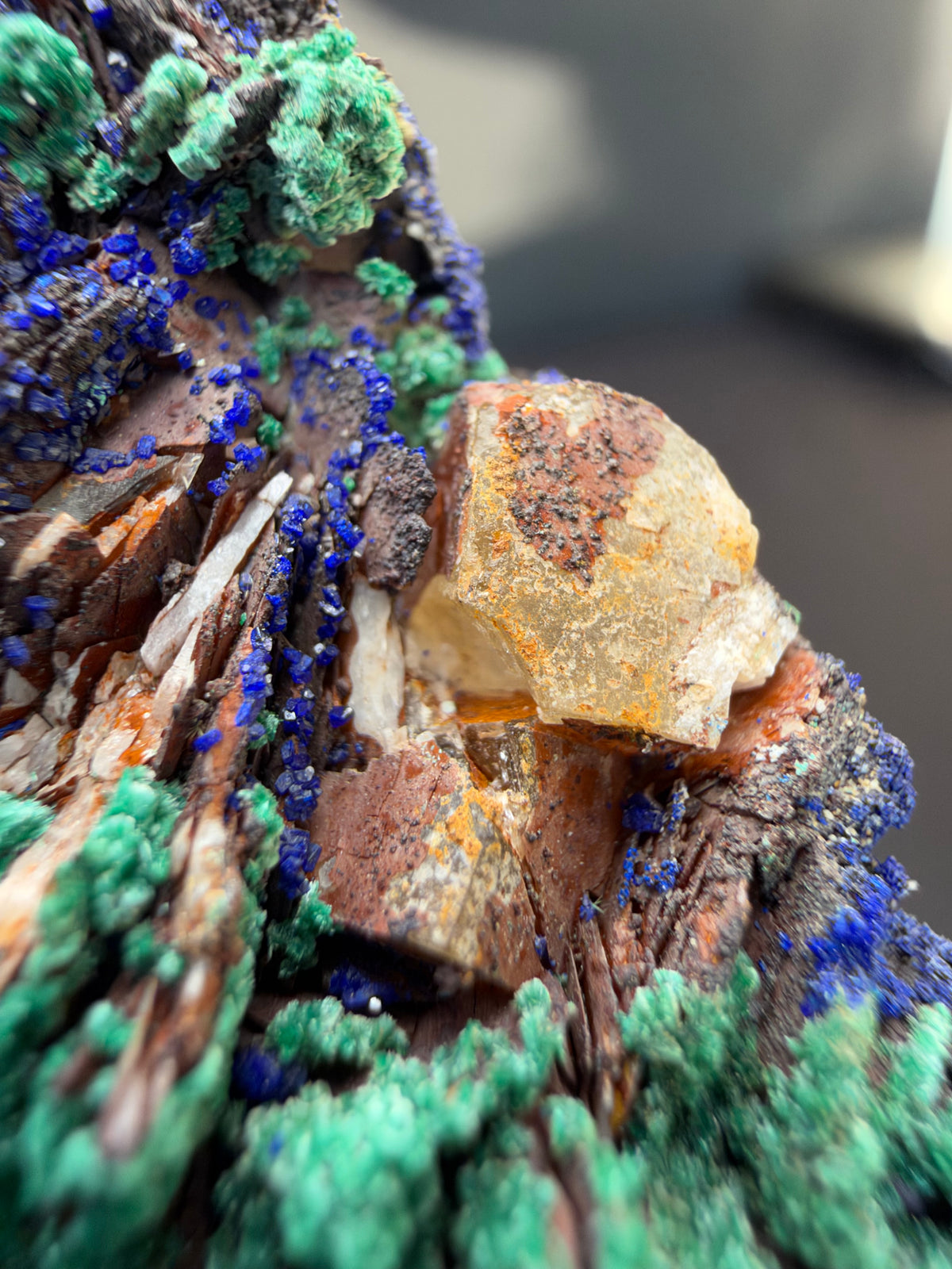 Azurite, Malachite & Secondary Copper Minerals on Fluorite & Barite, Sidi Ayed, Morocco