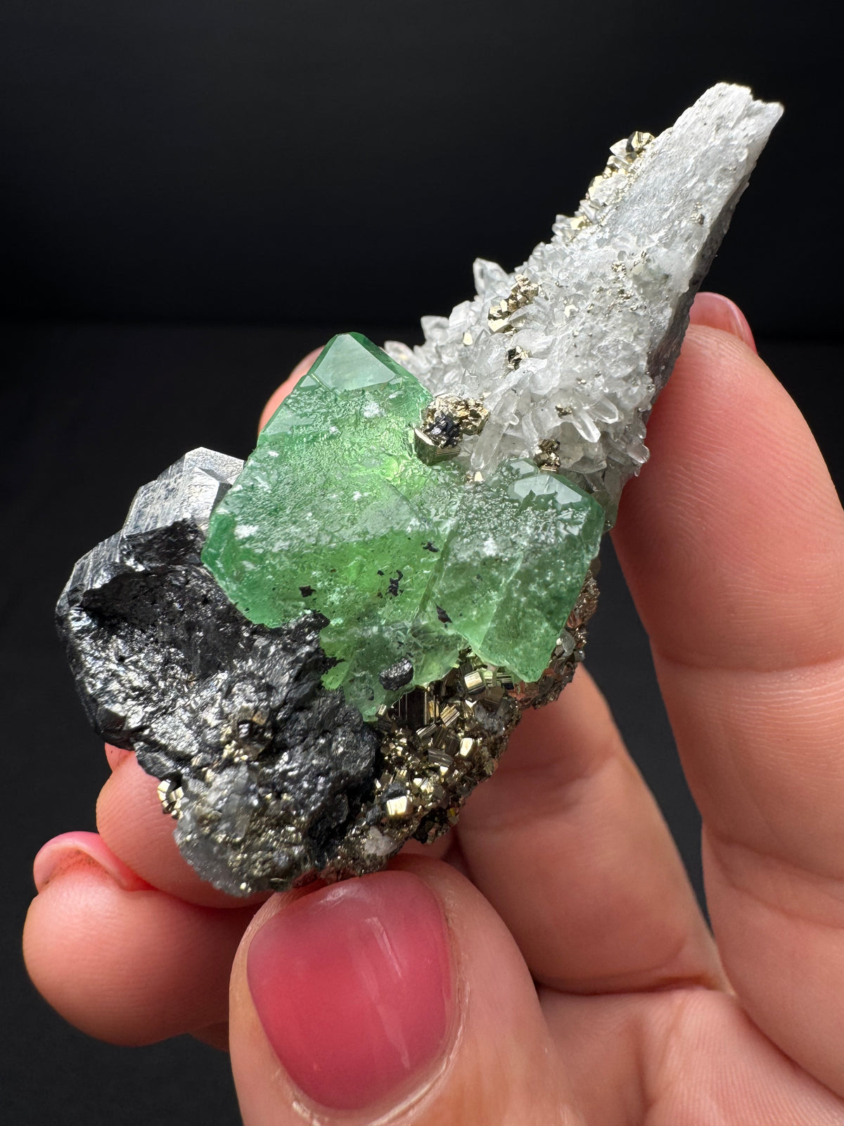 Fluorite with Geocronite-Jordanite, Pyrite & Quartz, Milpo Mine, Peru