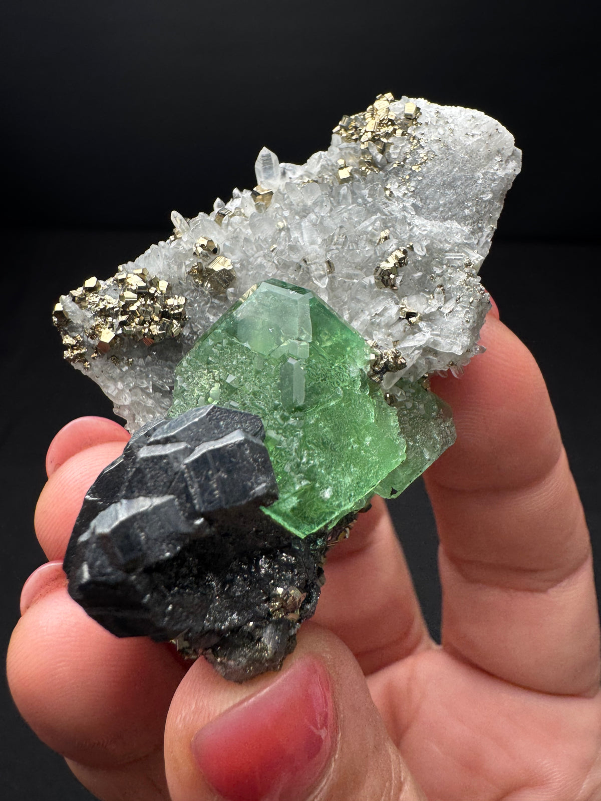 Fluorite with Geocronite-Jordanite, Pyrite & Quartz, Milpo Mine, Peru