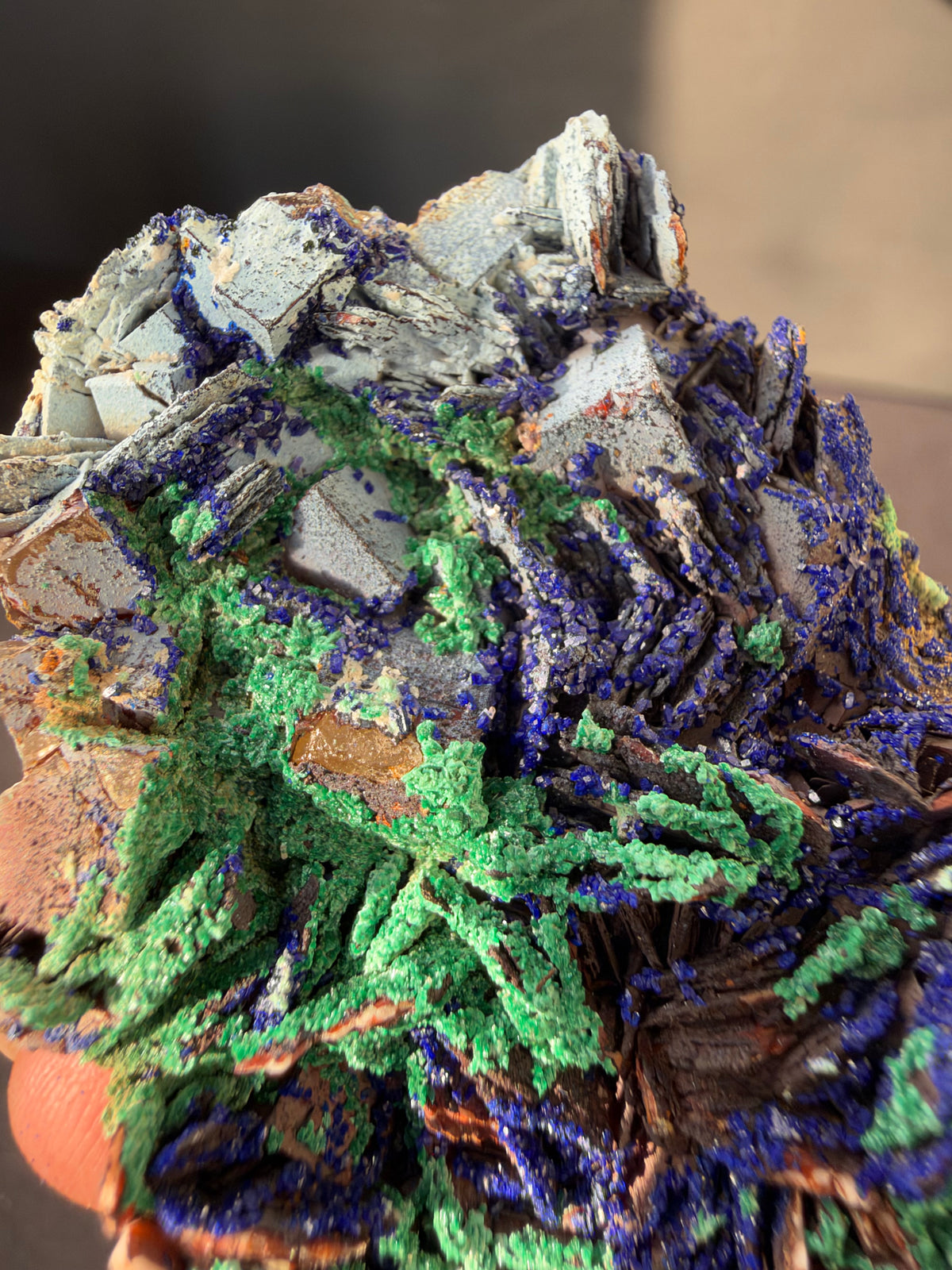 Azurite, Malachite & Secondary Copper Minerals on Fluorite & Barite, Sidi Ayed, Morocco