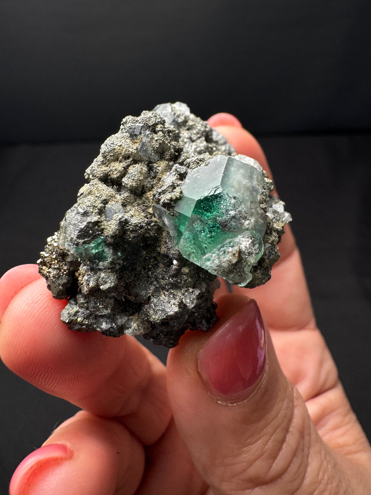 Fluorite with Geocronite-Jordanite, Pyrite, Milpo Mine, Peru