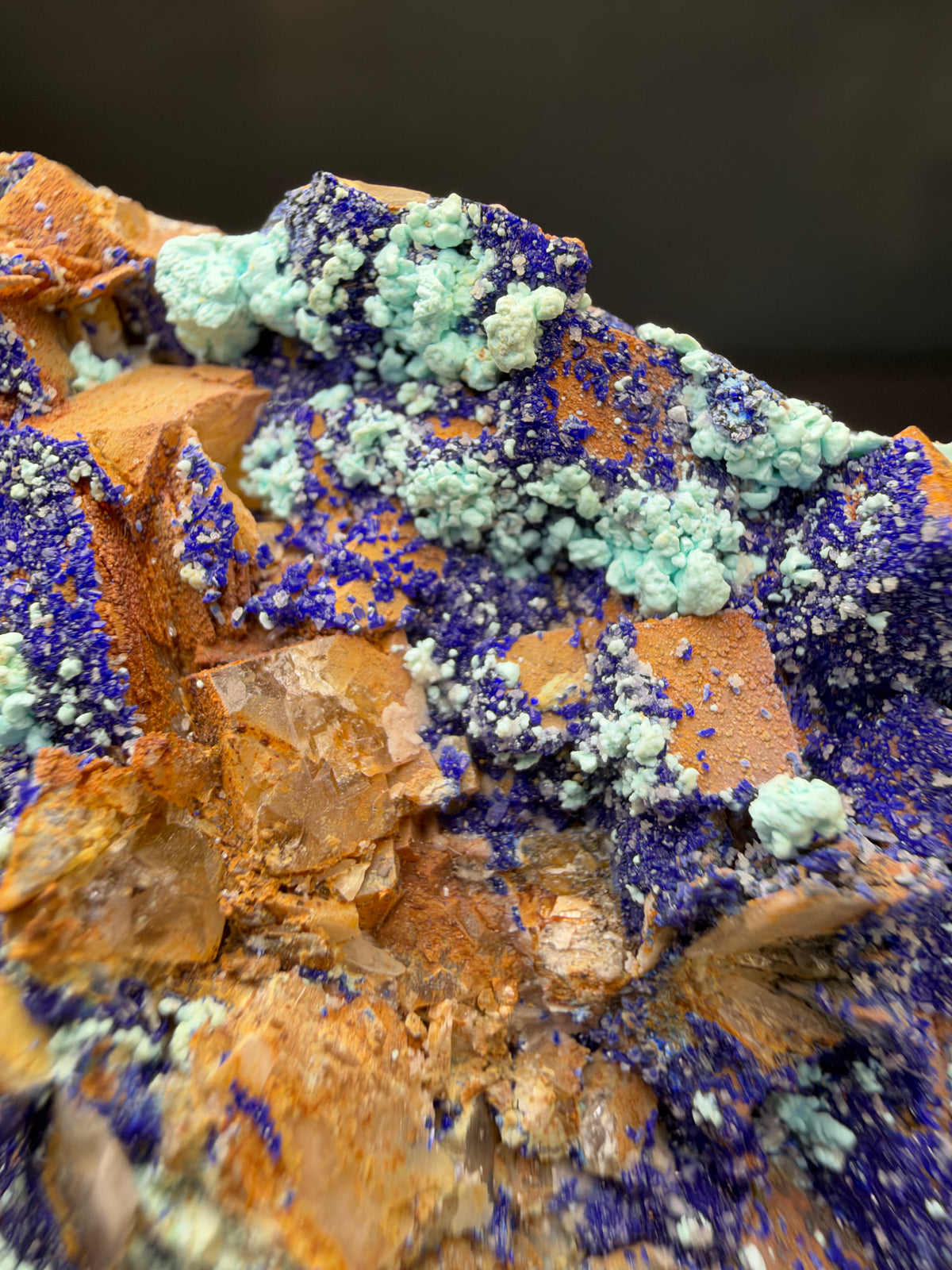 Azurite, Malachite & Secondary Copper Minerals on Fluorite & Barite, Sidi Ayed, Morocco