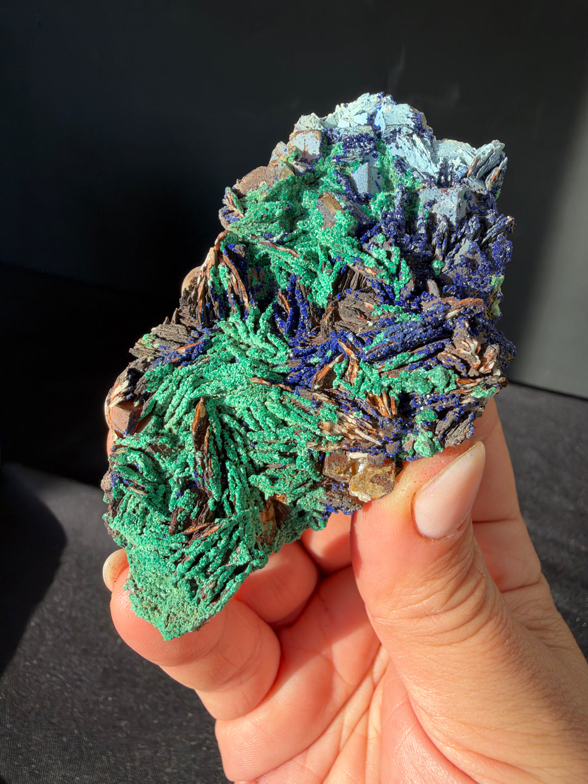 Azurite, Malachite & Secondary Copper Minerals on Fluorite & Barite, Sidi Ayed, Morocco