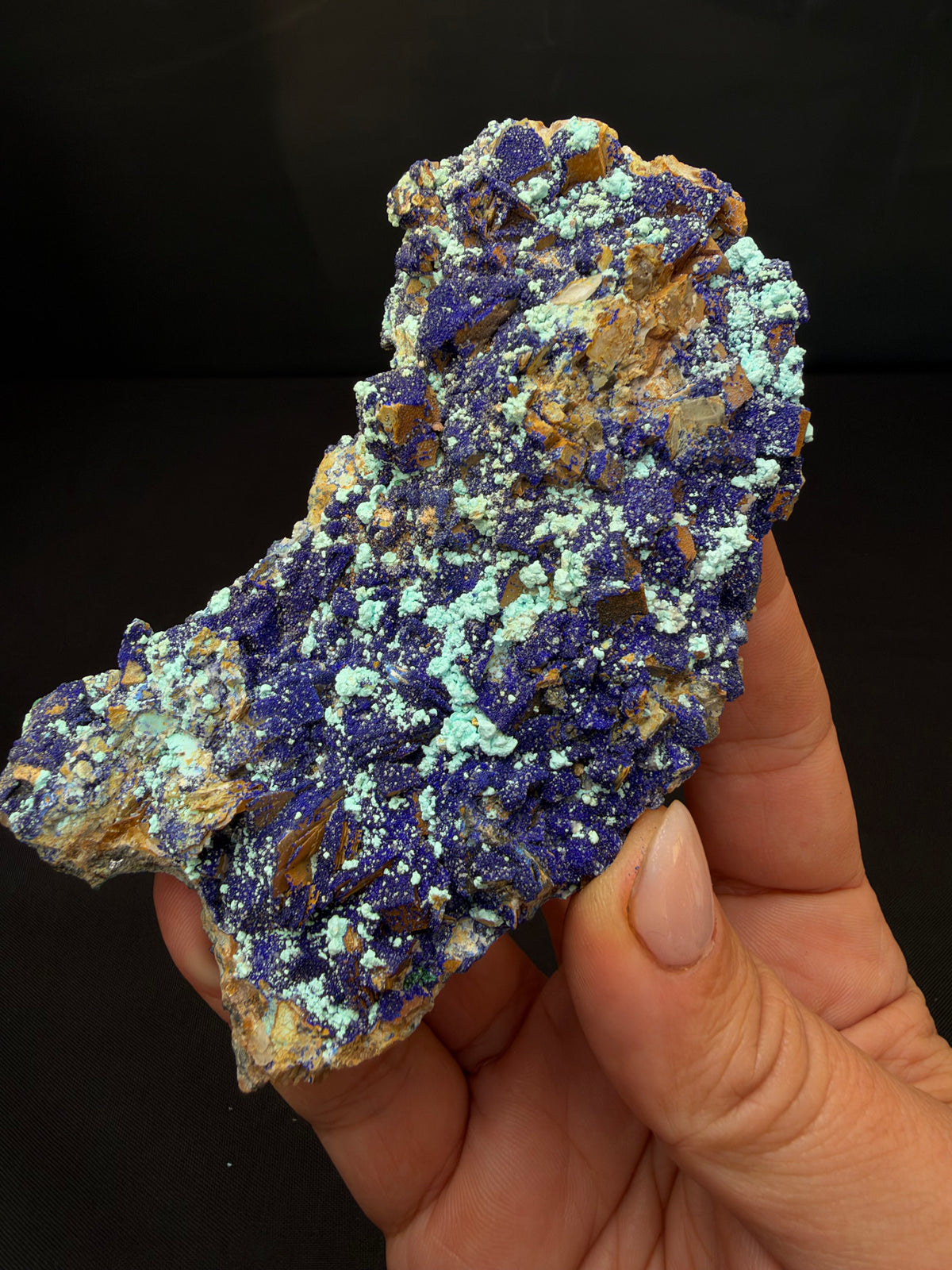 Azurite, Malachite & Secondary Copper Minerals on Fluorite & Barite, Sidi Ayed, Morocco