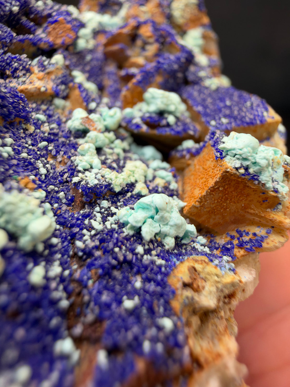 Azurite, Malachite & Secondary Copper Minerals on Fluorite & Barite, Sidi Ayed, Morocco