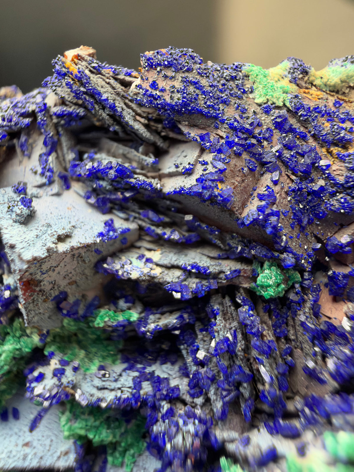 Azurite, Malachite & Secondary Copper Minerals on Fluorite & Barite, Sidi Ayed, Morocco