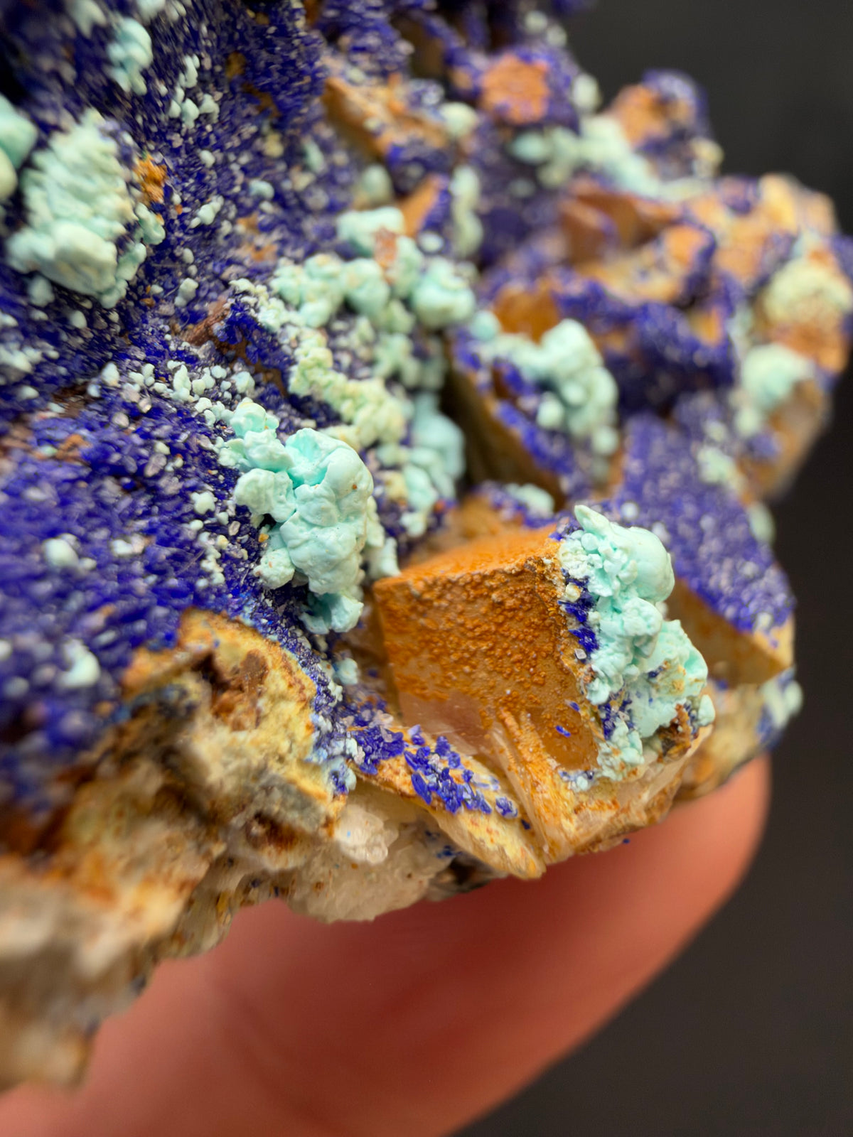 Azurite, Malachite & Secondary Copper Minerals on Fluorite & Barite, Sidi Ayed, Morocco
