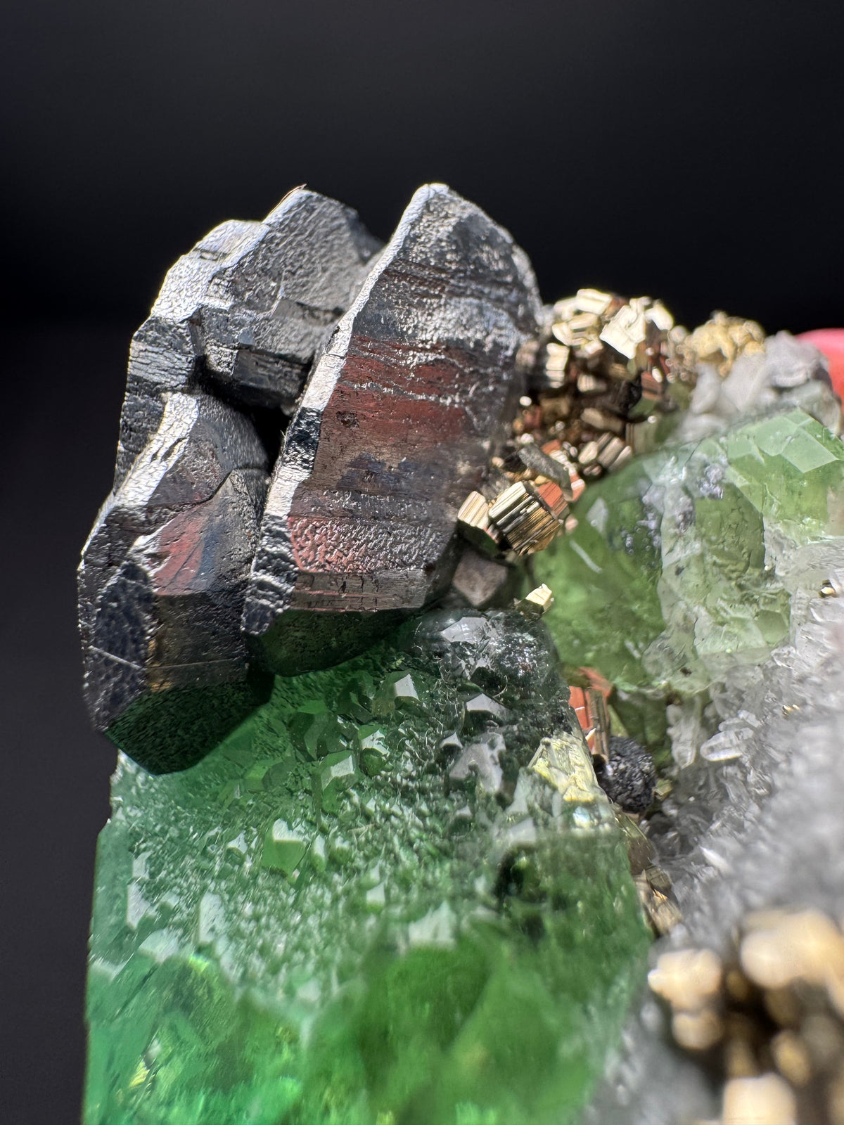 Fluorite with Geocronite-Jordanite, Pyrite & Quartz, Milpo Mine, Peru
