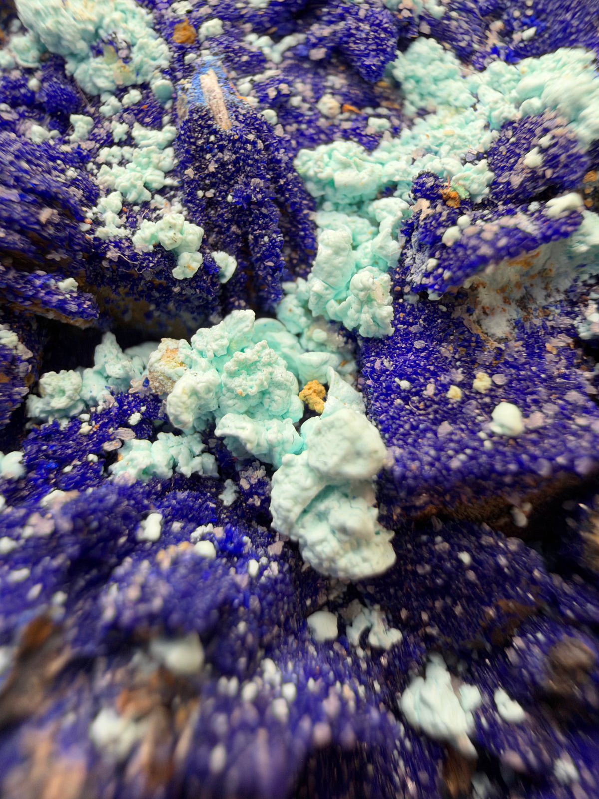 Azurite, Malachite & Secondary Copper Minerals on Fluorite & Barite, Sidi Ayed, Morocco