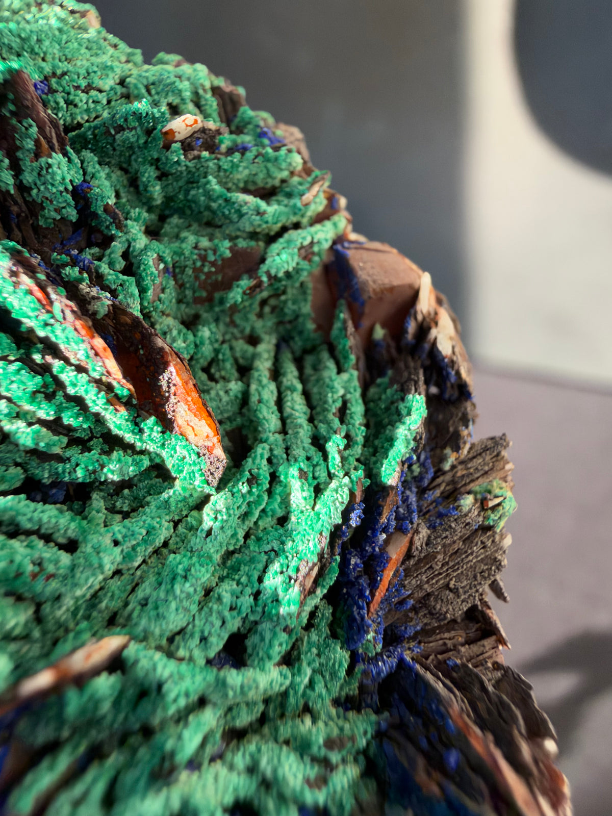 Azurite, Malachite & Secondary Copper Minerals on Fluorite & Barite, Sidi Ayed, Morocco