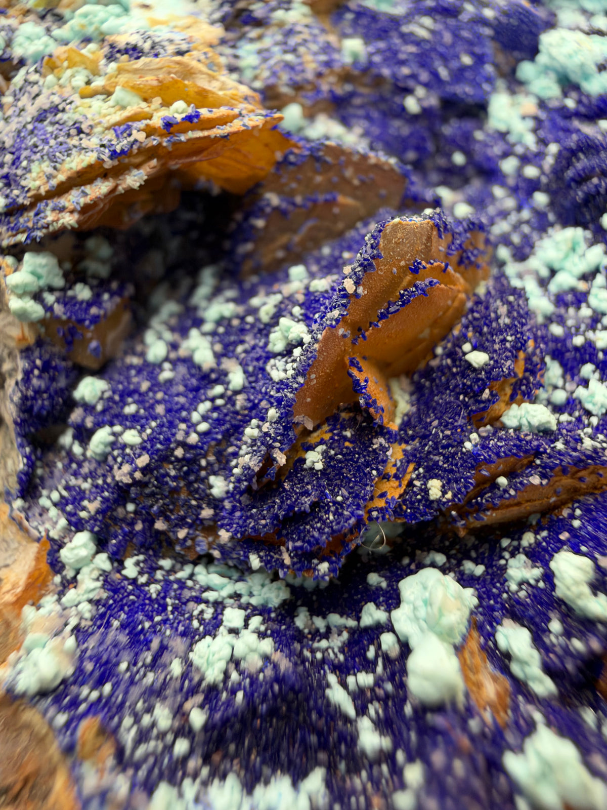 Azurite, Malachite & Secondary Copper Minerals on Fluorite & Barite, Sidi Ayed, Morocco
