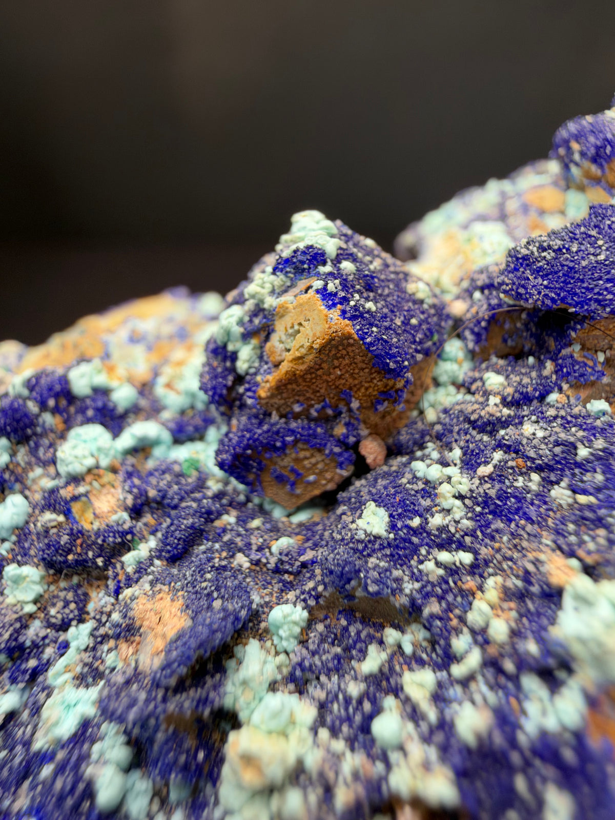 Azurite, Malachite & Secondary Copper Minerals on Fluorite & Barite, Sidi Ayed, Morocco