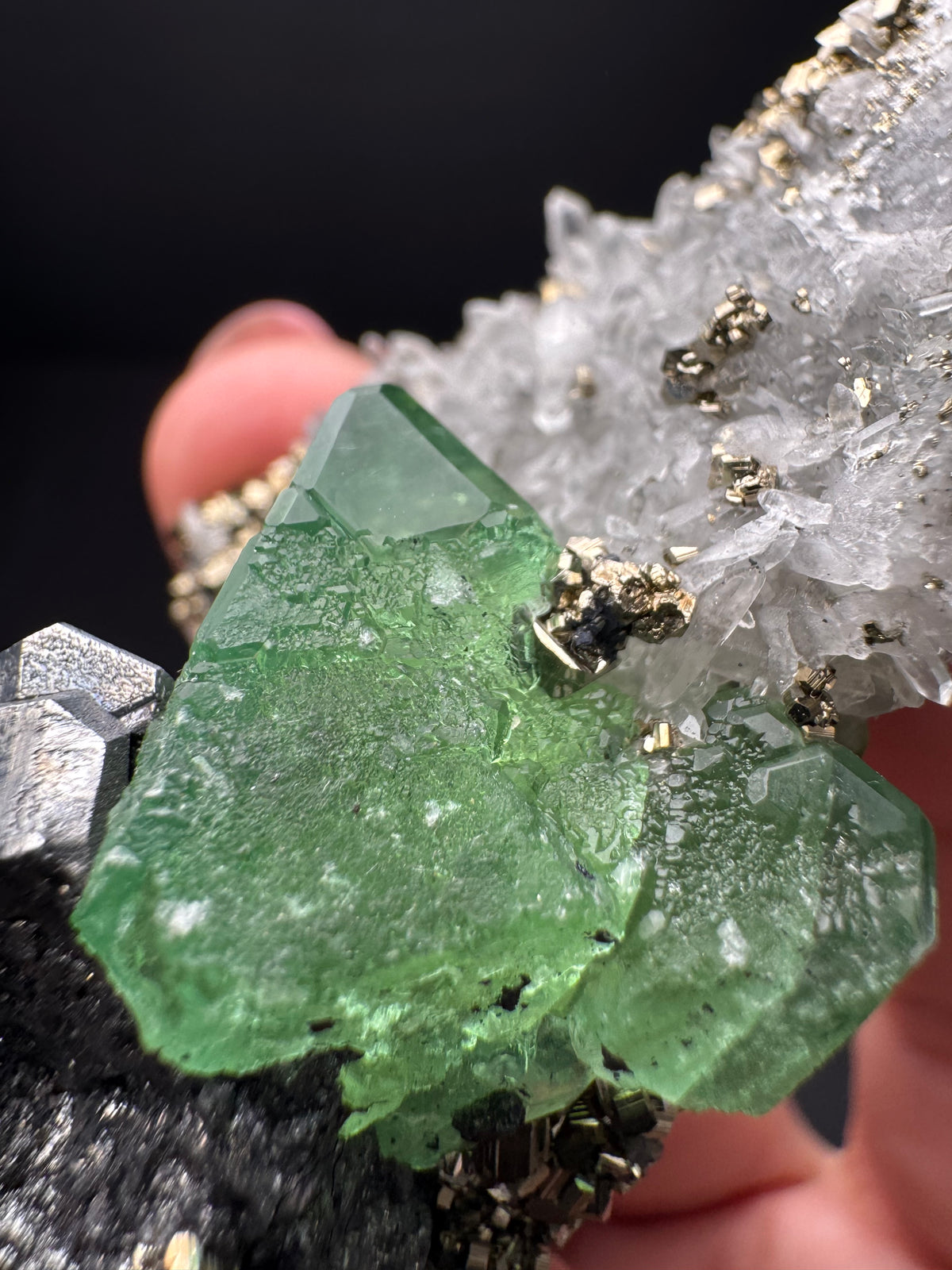 Fluorite with Geocronite-Jordanite, Pyrite & Quartz, Milpo Mine, Peru