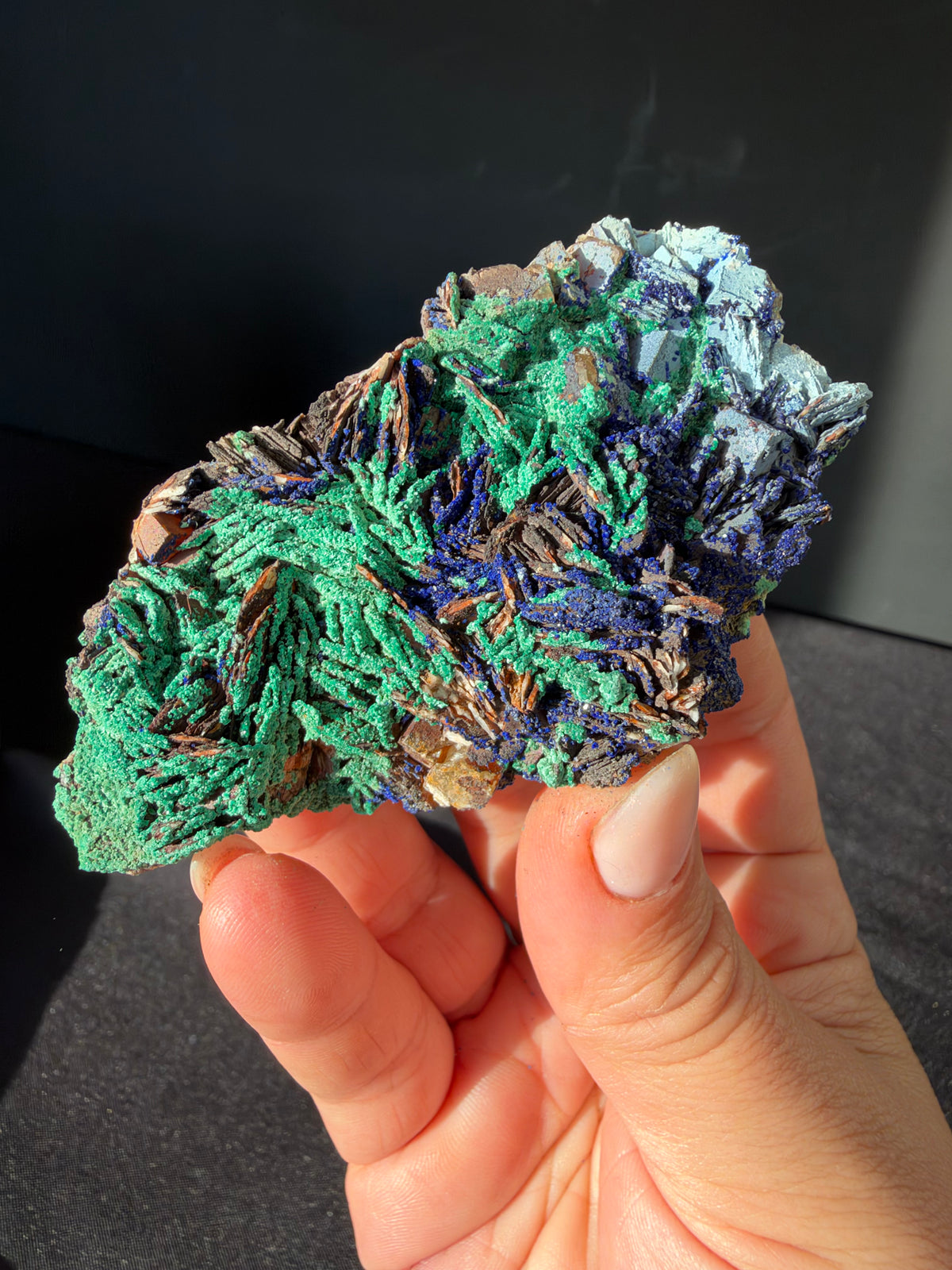 Azurite, Malachite & Secondary Copper Minerals on Fluorite & Barite, Sidi Ayed, Morocco