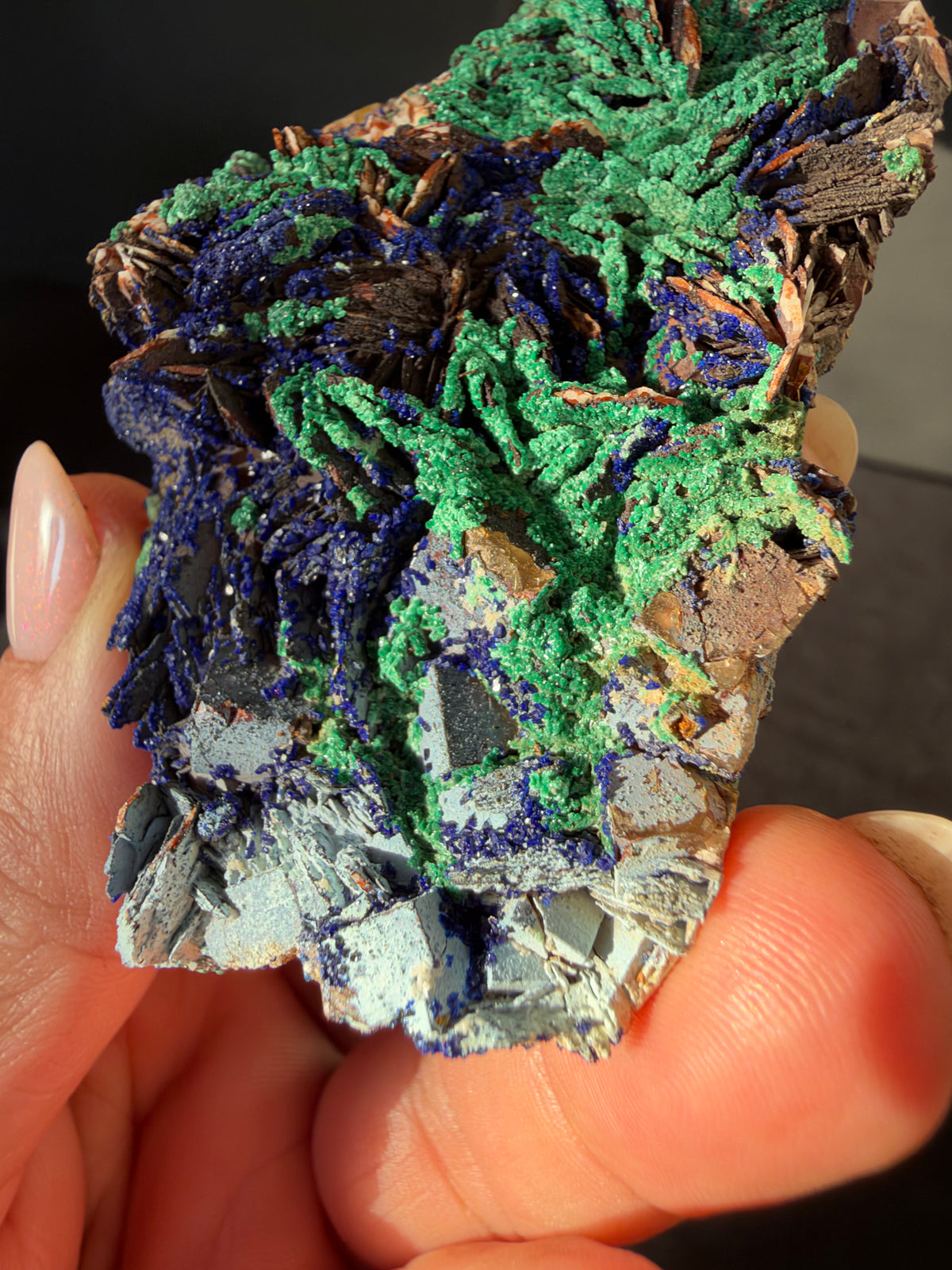 Azurite, Malachite & Secondary Copper Minerals on Fluorite & Barite, Sidi Ayed, Morocco
