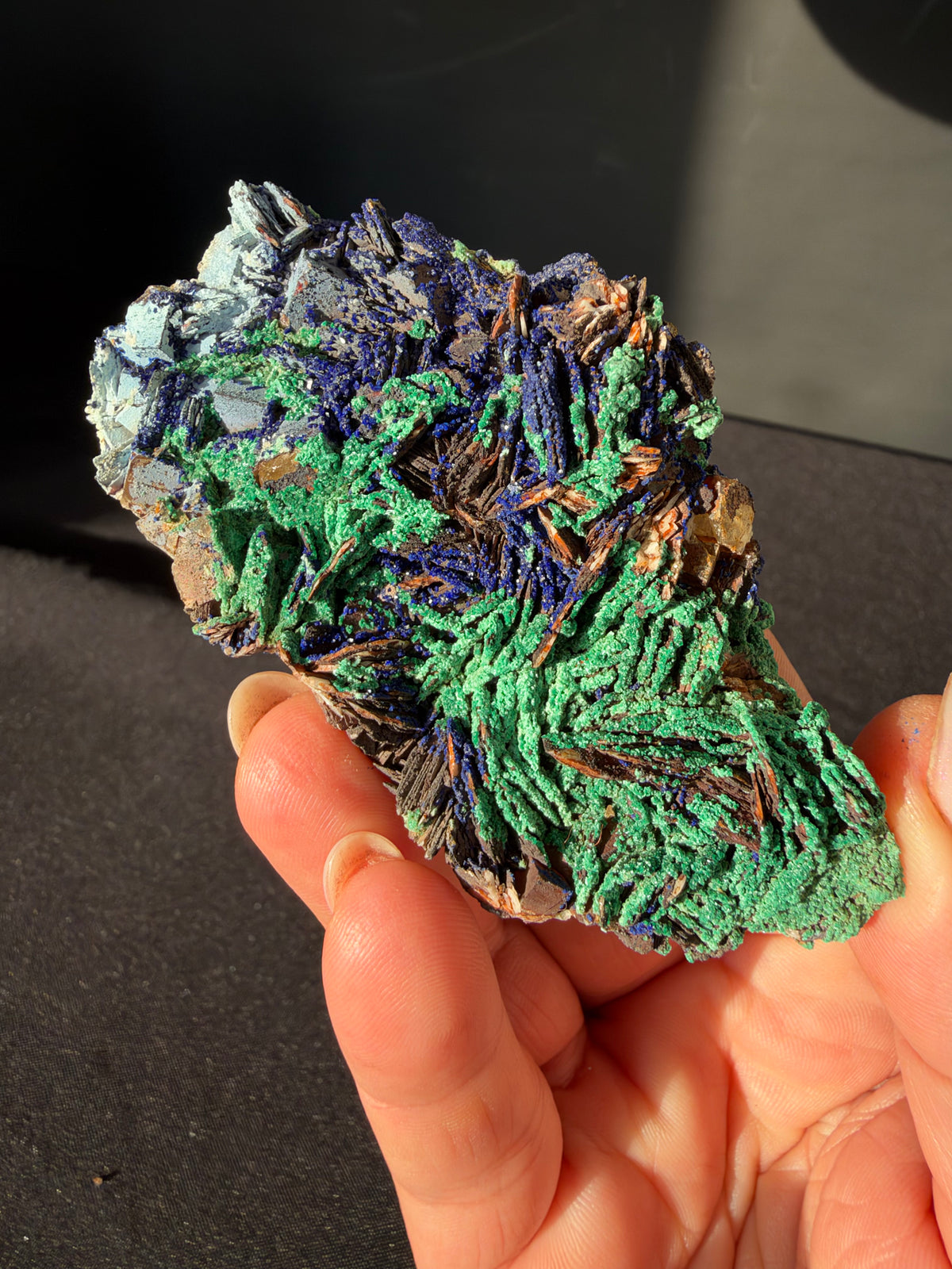 Azurite, Malachite & Secondary Copper Minerals on Fluorite & Barite, Sidi Ayed, Morocco