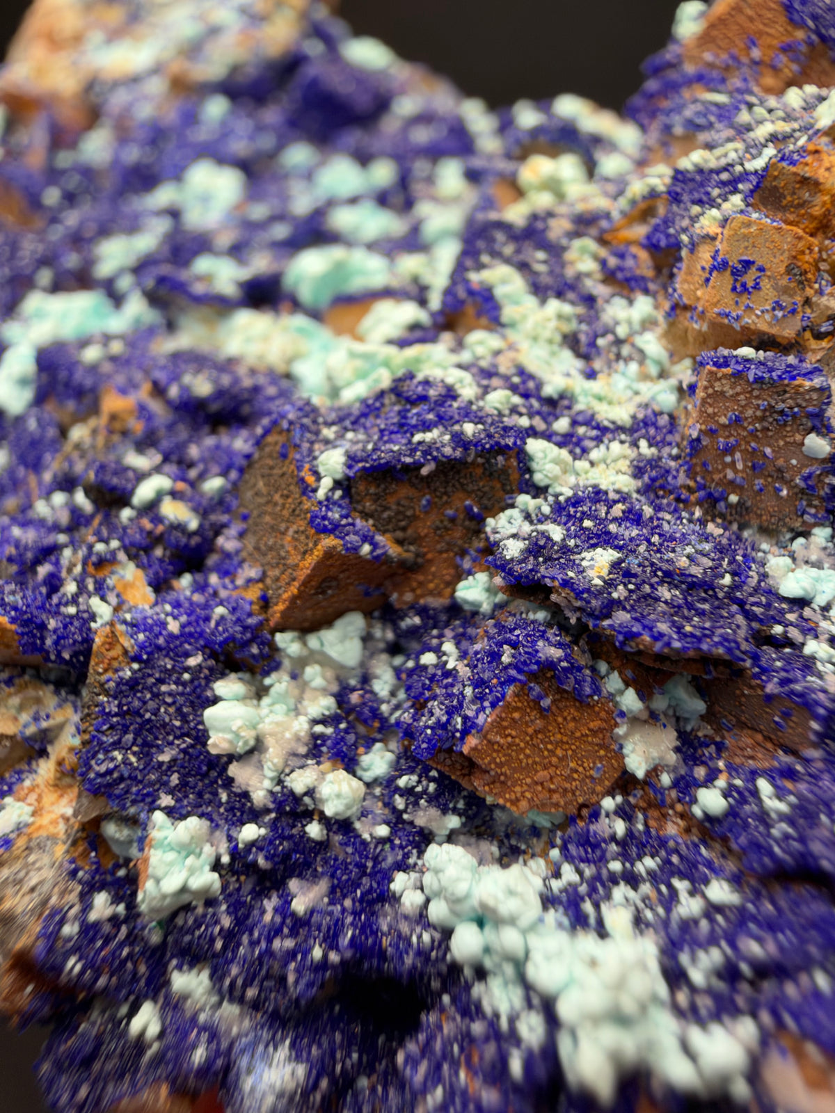 Azurite, Malachite & Secondary Copper Minerals on Fluorite & Barite, Sidi Ayed, Morocco