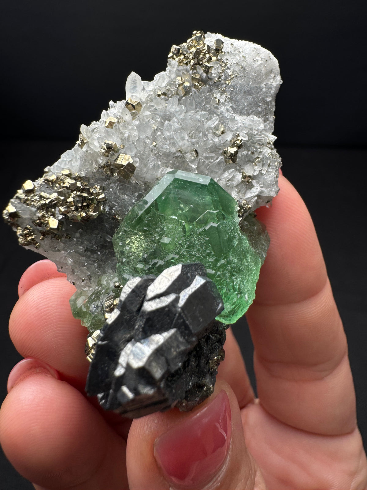 Fluorite with Geocronite-Jordanite, Pyrite & Quartz, Milpo Mine, Peru