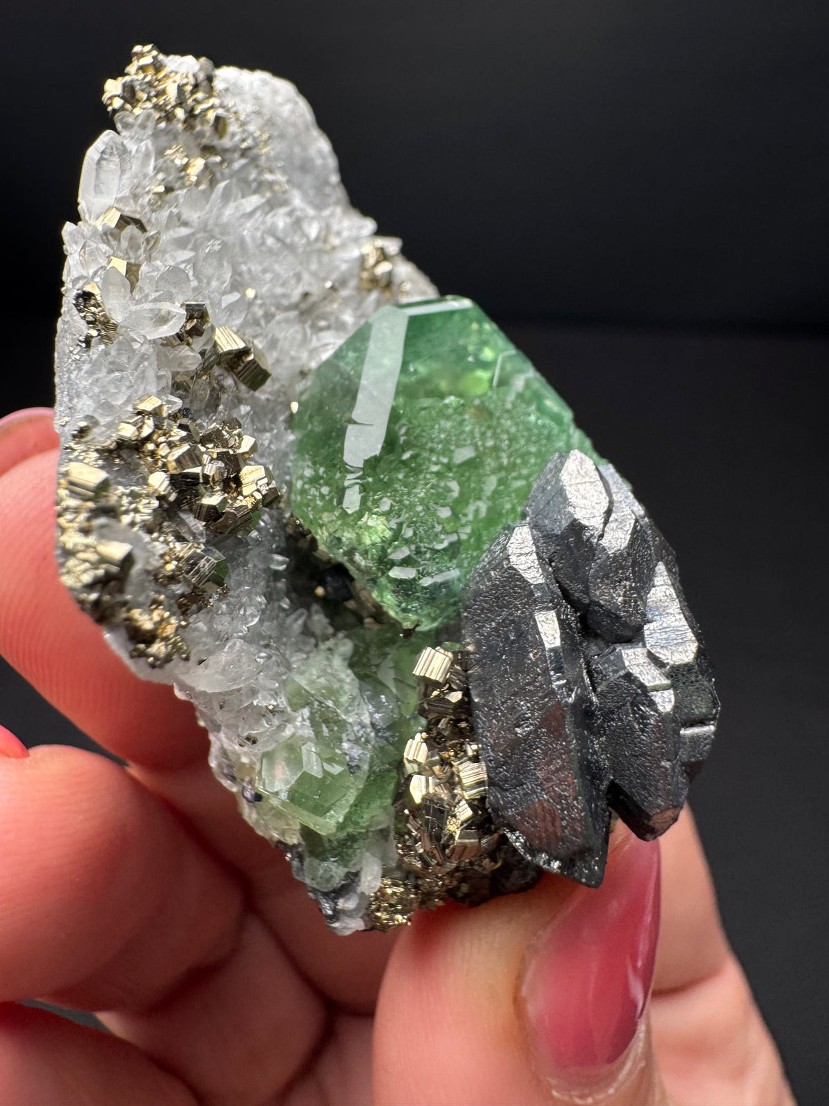 Fluorite with Geocronite-Jordanite, Pyrite & Quartz, Milpo Mine, Peru