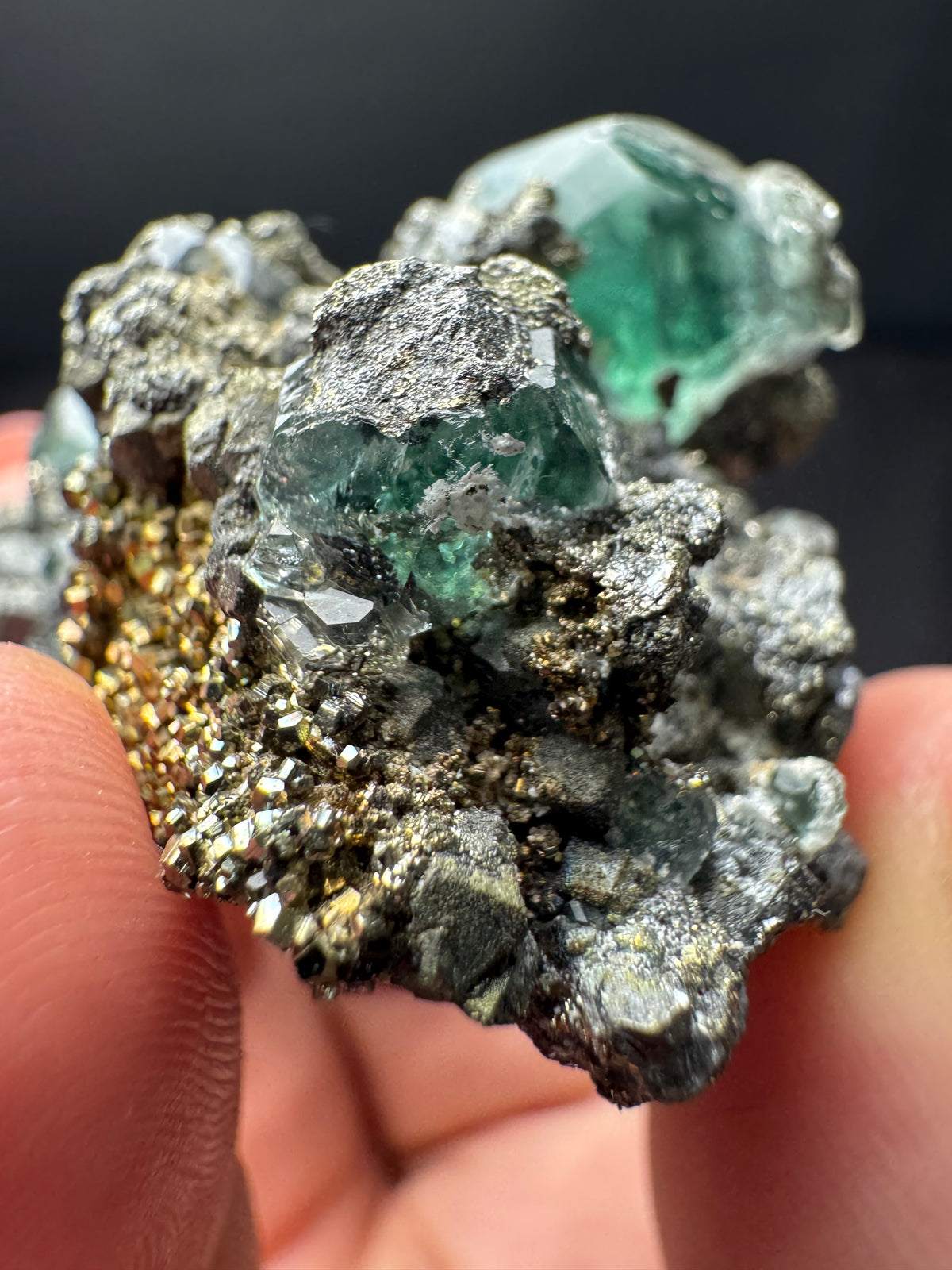 Fluorite with Geocronite-Jordanite, Pyrite, Milpo Mine, Peru