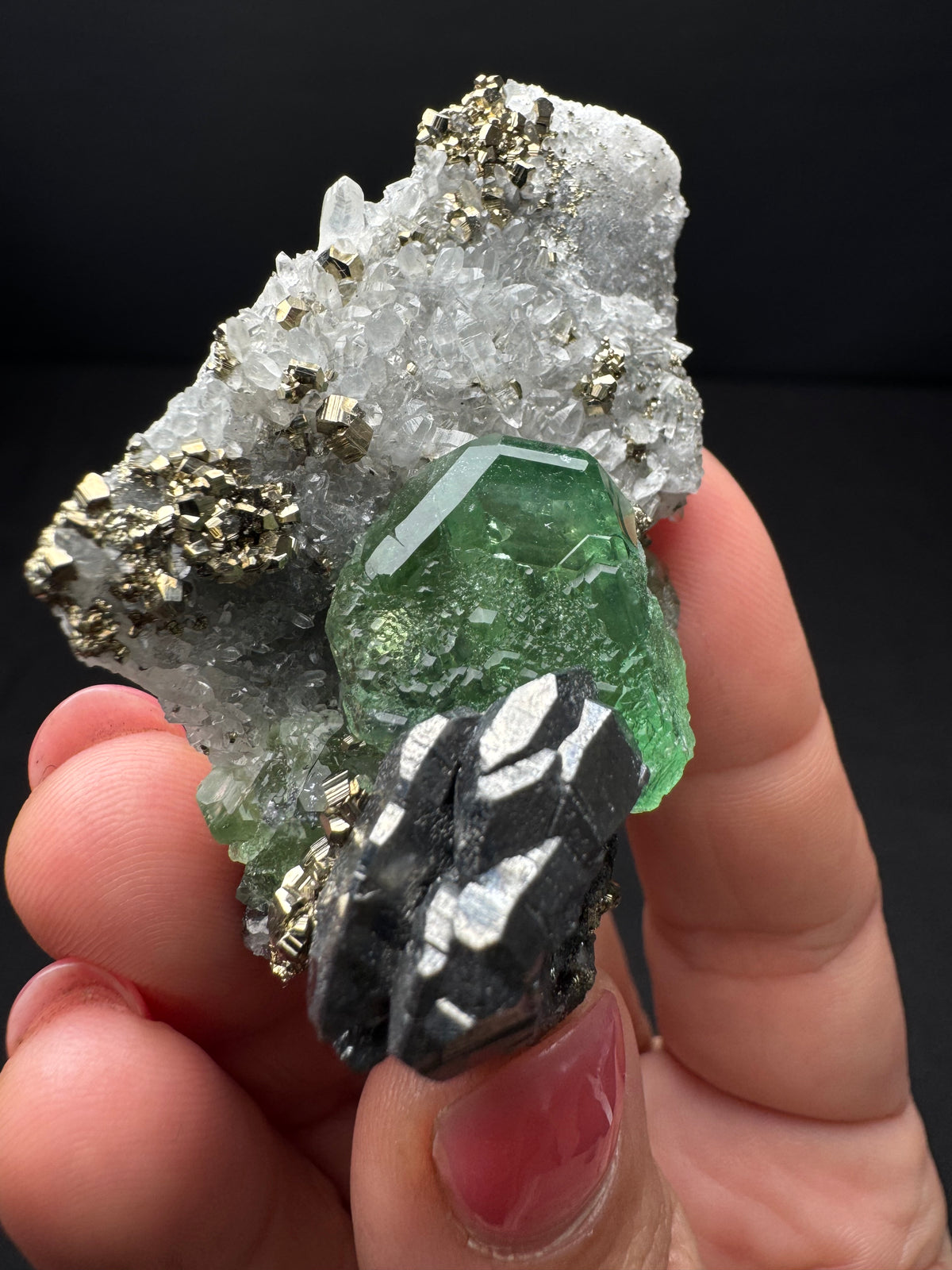 Fluorite with Geocronite-Jordanite, Pyrite & Quartz, Milpo Mine, Peru