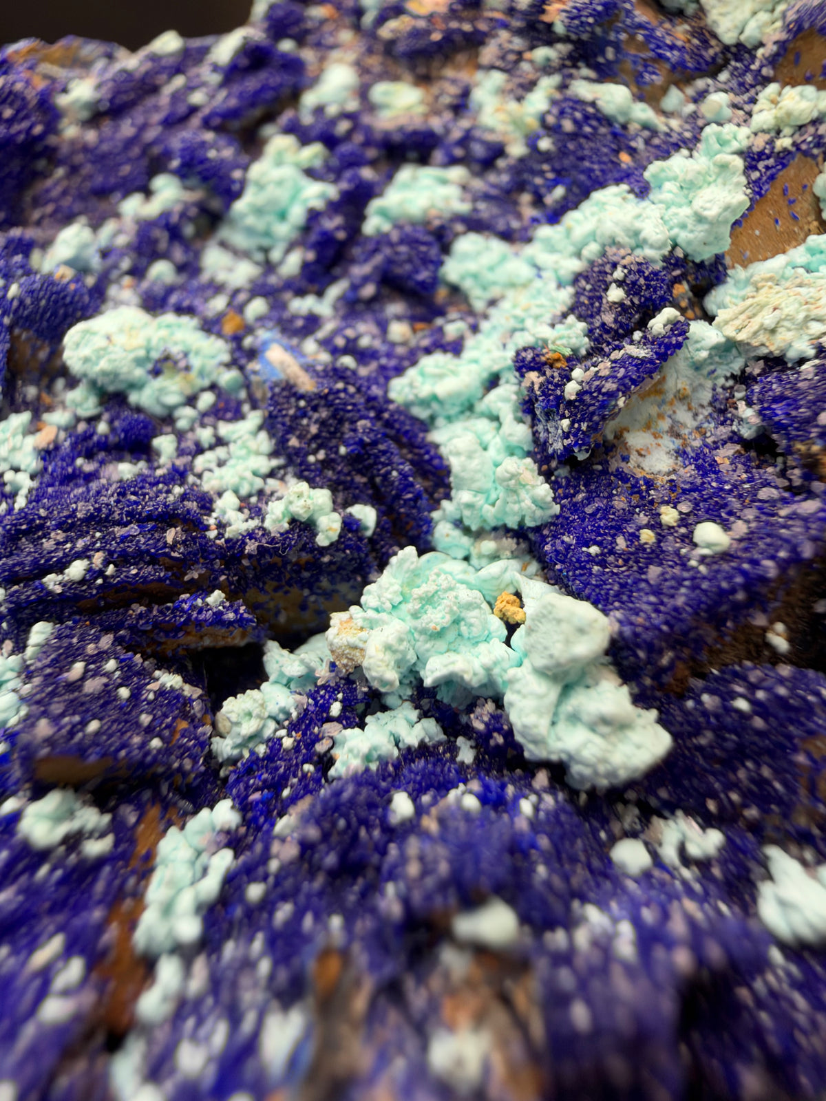 Azurite, Malachite & Secondary Copper Minerals on Fluorite & Barite, Sidi Ayed, Morocco