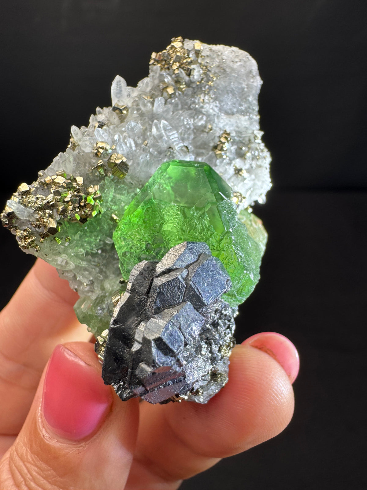 Fluorite with Geocronite-Jordanite, Pyrite & Quartz, Milpo Mine, Peru