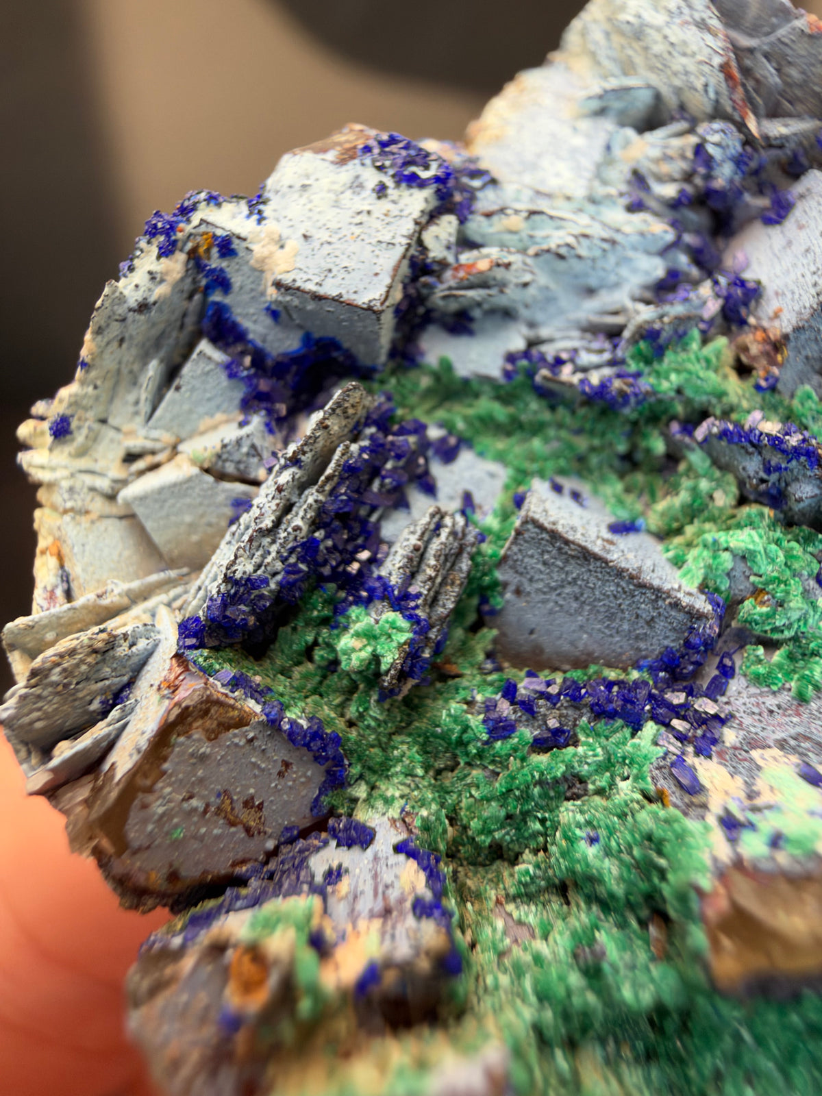 Azurite, Malachite & Secondary Copper Minerals on Fluorite & Barite, Sidi Ayed, Morocco