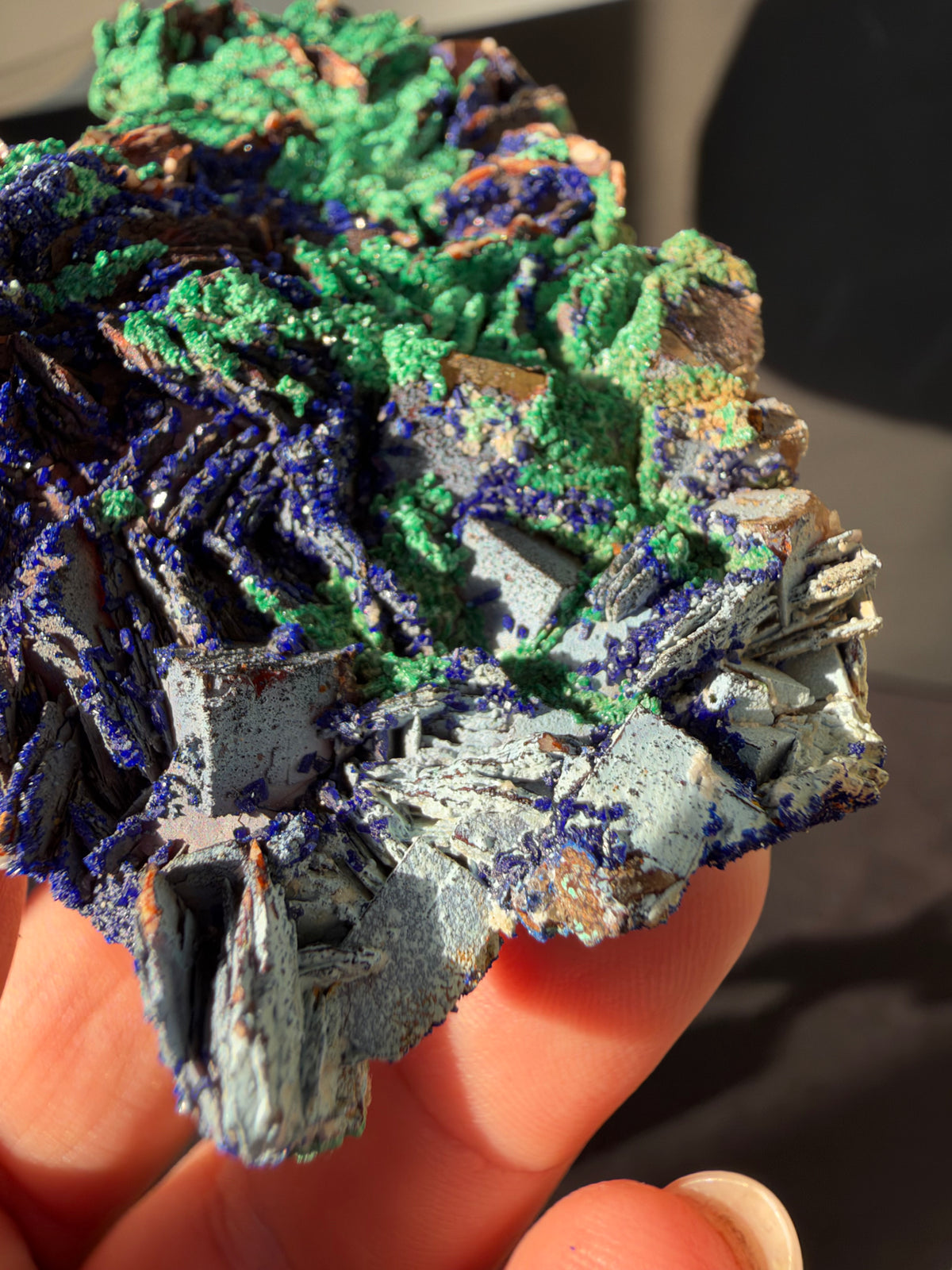 Azurite, Malachite & Secondary Copper Minerals on Fluorite & Barite, Sidi Ayed, Morocco