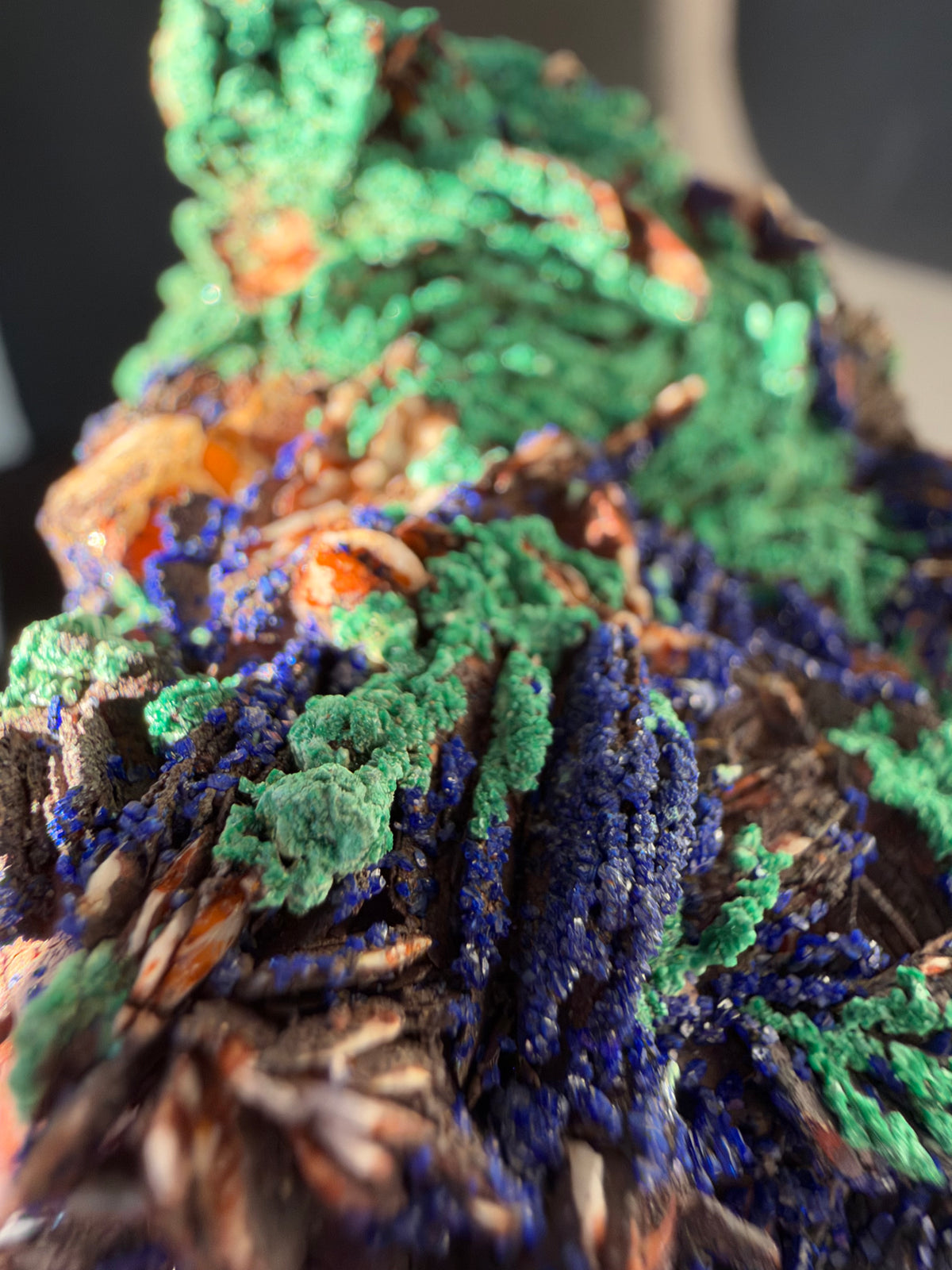 Azurite, Malachite & Secondary Copper Minerals on Fluorite & Barite, Sidi Ayed, Morocco