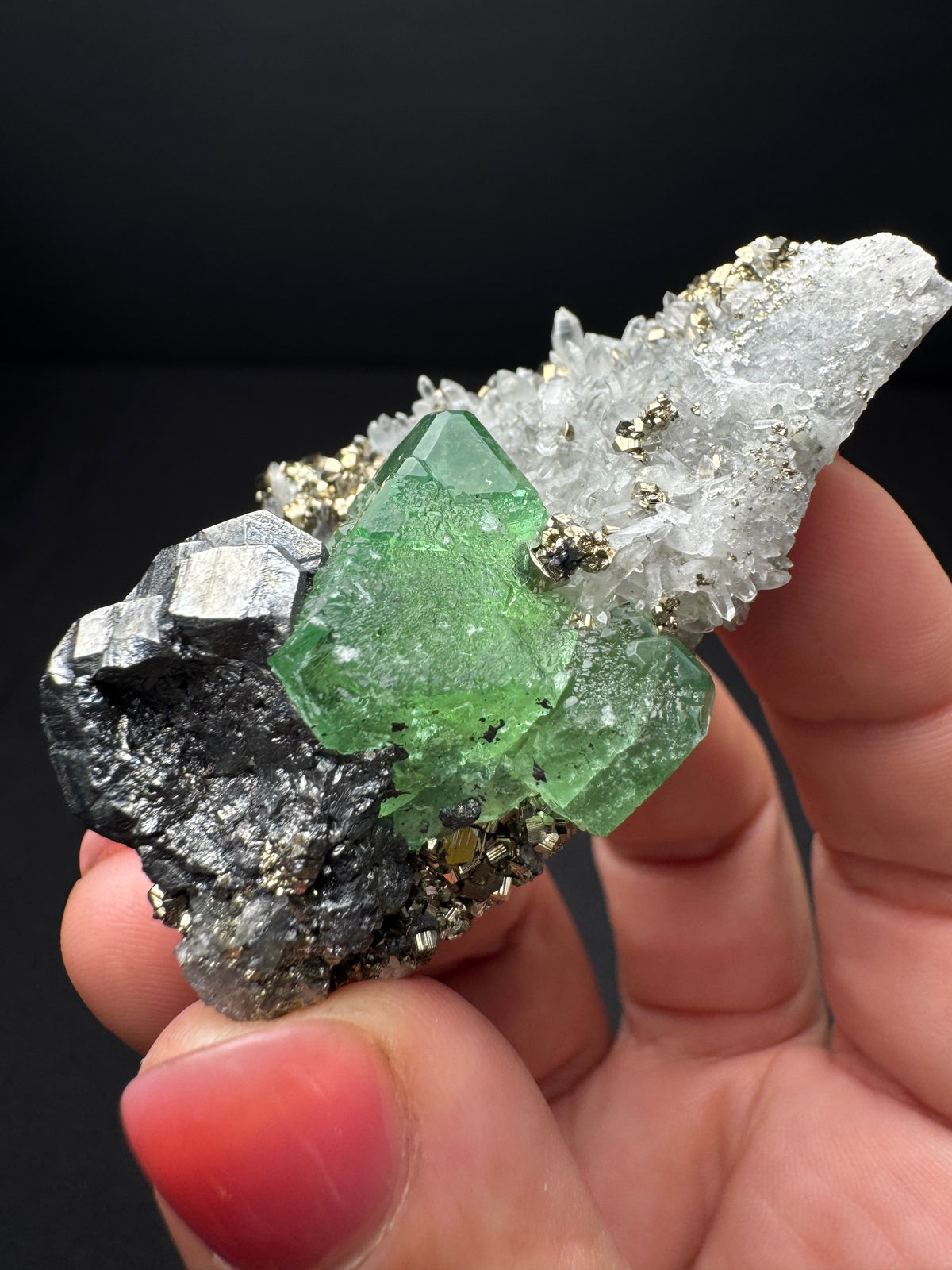 Fluorite with Geocronite-Jordanite, Pyrite & Quartz, Milpo Mine, Peru