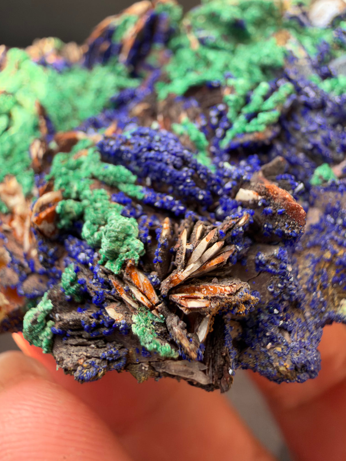 Azurite, Malachite & Secondary Copper Minerals on Fluorite & Barite, Sidi Ayed, Morocco