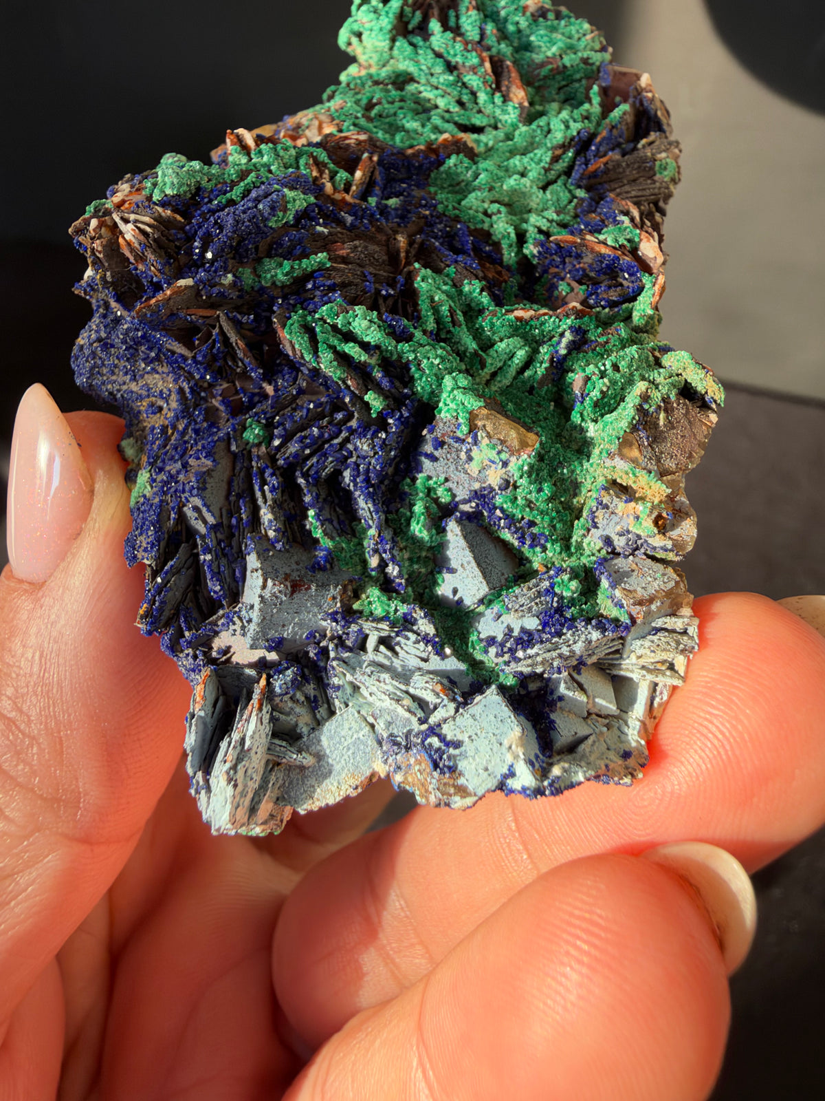 Azurite, Malachite & Secondary Copper Minerals on Fluorite & Barite, Sidi Ayed, Morocco