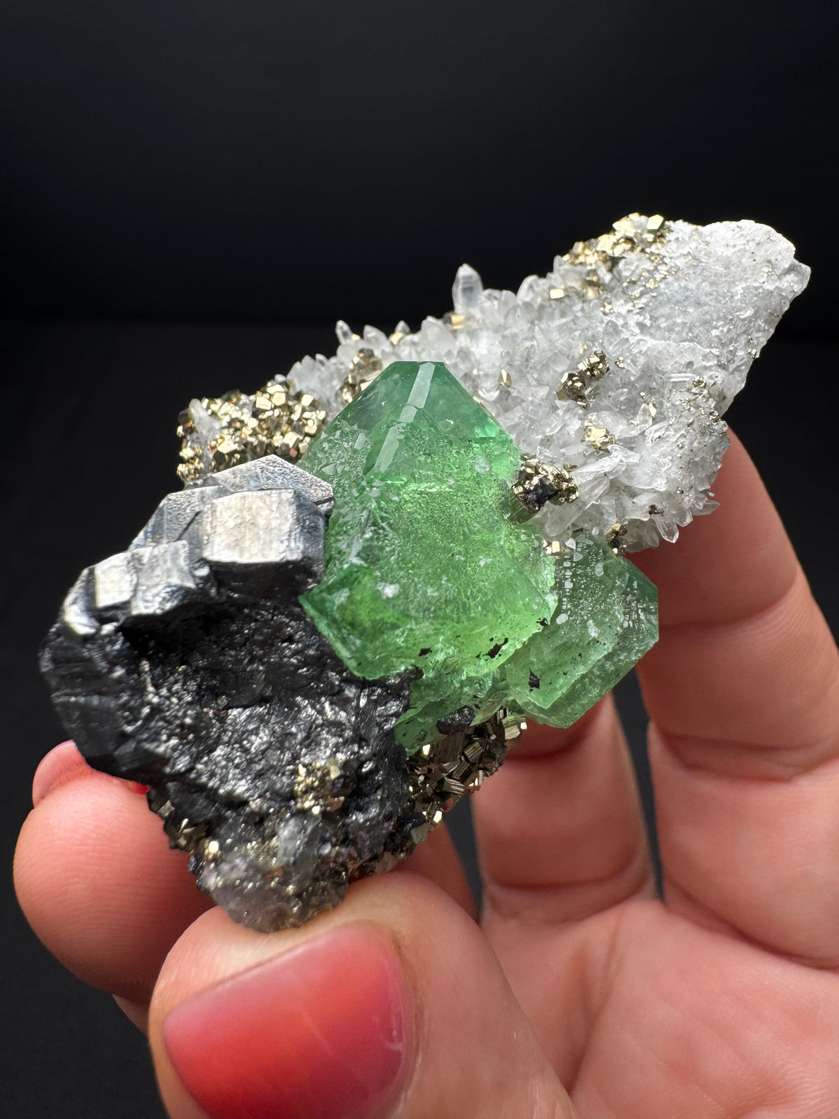 Fluorite with Geocronite-Jordanite, Pyrite & Quartz, Milpo Mine, Peru