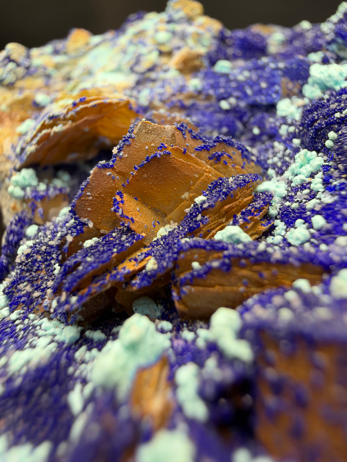 Azurite, Malachite & Secondary Copper Minerals on Fluorite & Barite, Sidi Ayed, Morocco